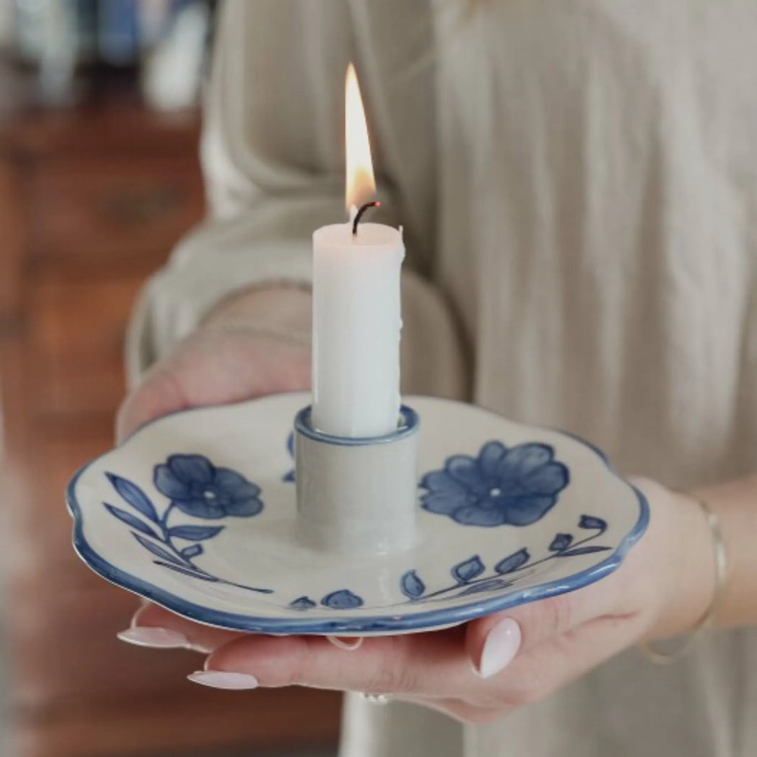 Kerzenhalter „Florea“ Steingut handbemalt blau Majas Cottage