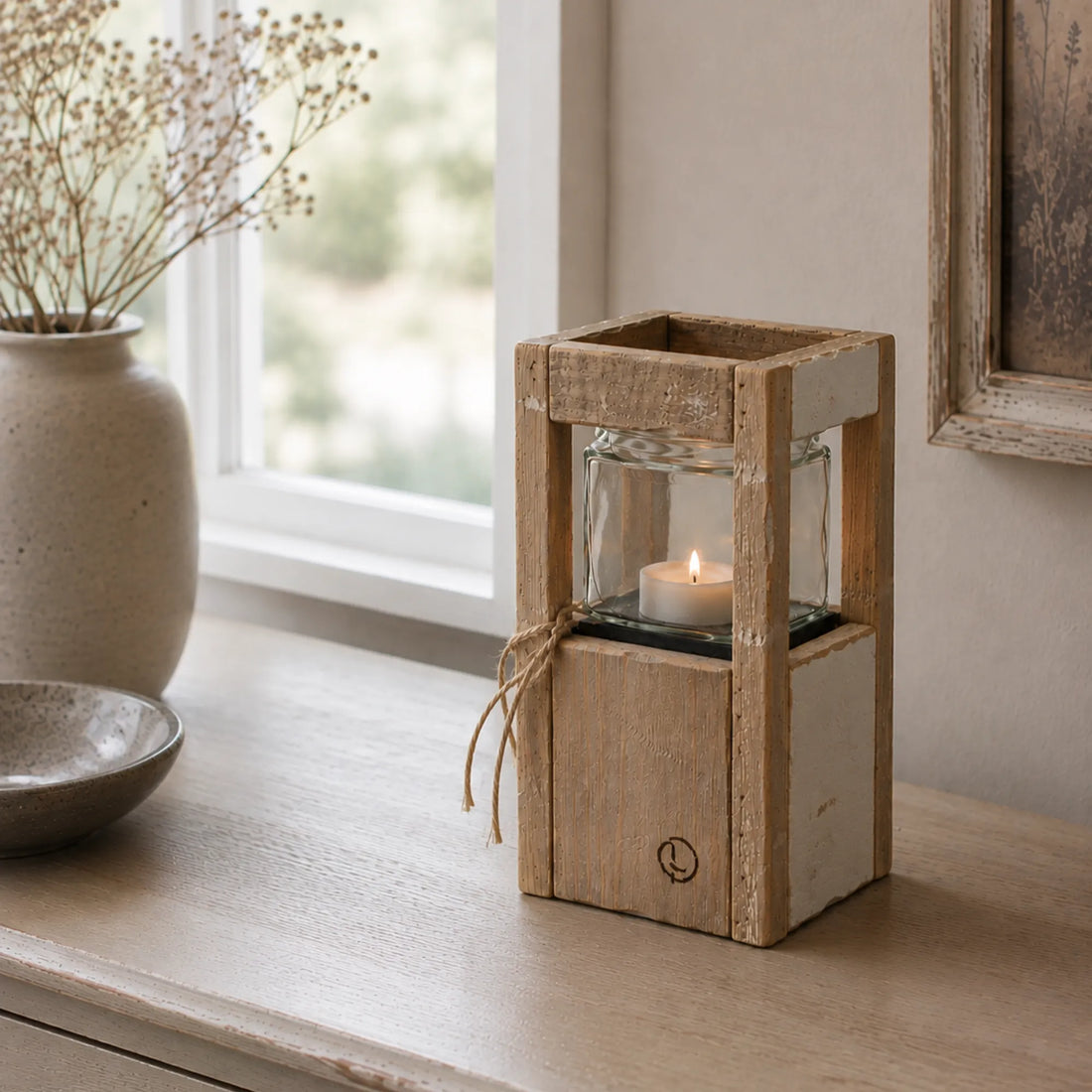 Holz Kerzenhalter mit quadratischem Glaseinsatz und natürlicher Oberfläche auf einer Kommode