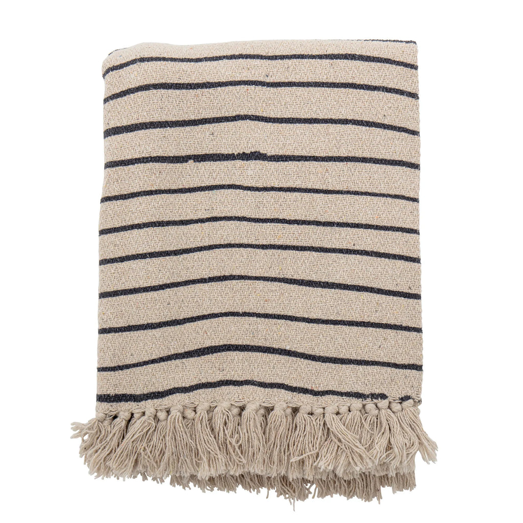 Bloomingville Decke "Eia"beige schwarz gestreift 130 x 160 cm aus receycelter Baumwolle