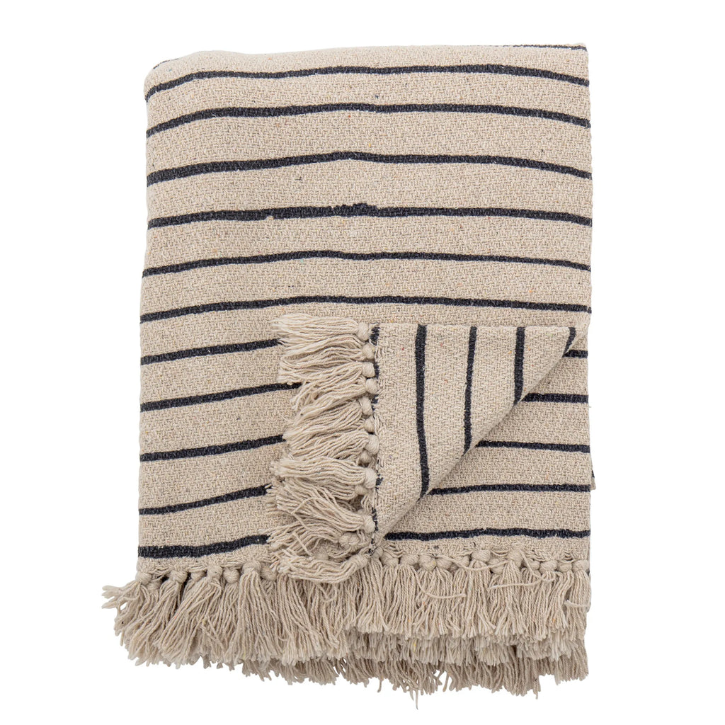 Bloomingville Decke "Eia"beige schwarz gestreift 130 x 160 cm aus receycelter Baumwolle