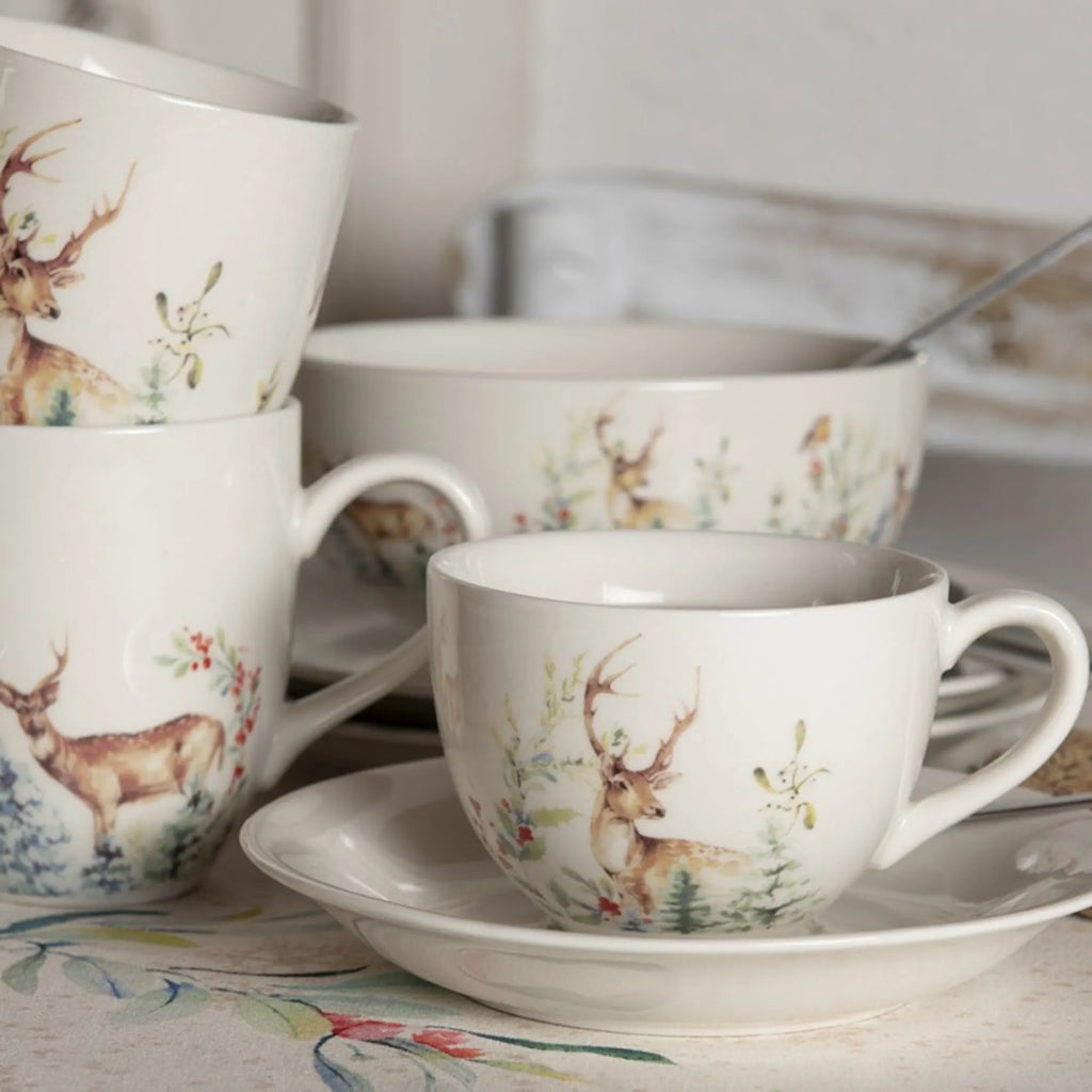 Clayre & Eef Tasse mit Unterteller Set Herbst Winter "Rehe"