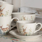 Clayre & Eef Tasse mit Unterteller Set Herbst Winter "Rehe"