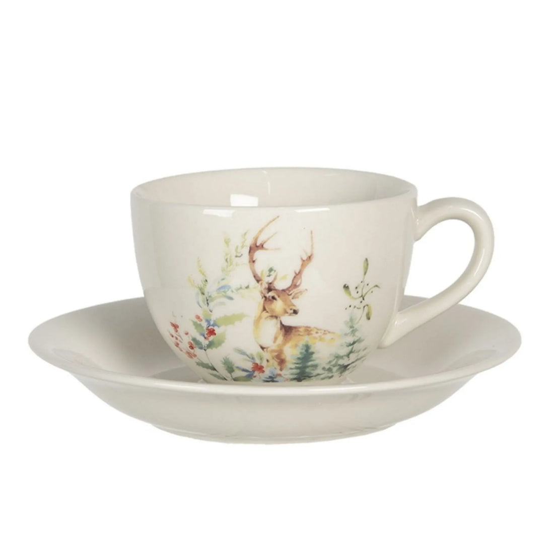 Clayre &amp; Eef Tasse mit Unterteller Set Herbst Winter "Rehe"