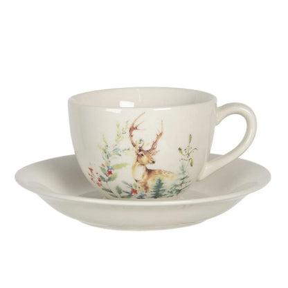 Clayre &amp; Eef Tasse mit Unterteller Set Herbst Winter "Rehe"
