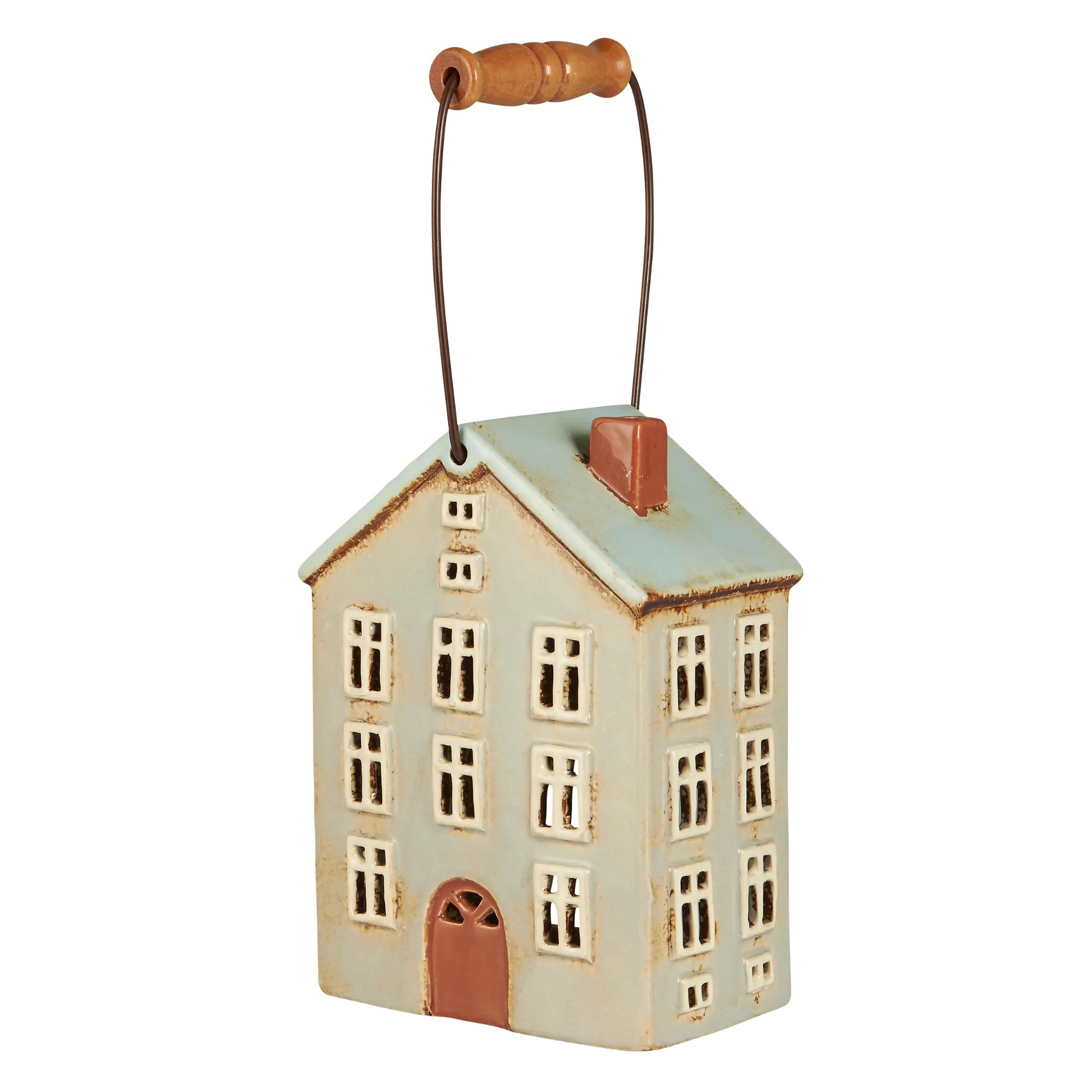 Ib Laursen Teelichthaus „Nyhavn“ grau mit Holzgriff 20 cm