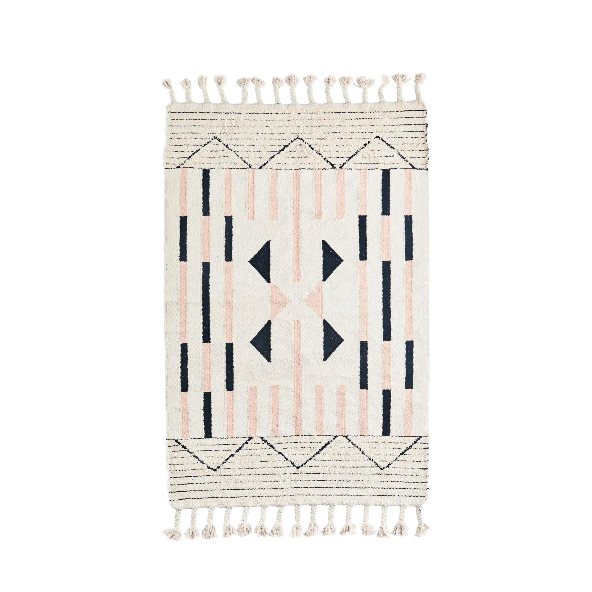 Madam Stoltz handgewebter Baumwollteppich rosa schwarz 120 x 180 cm mit Fransen