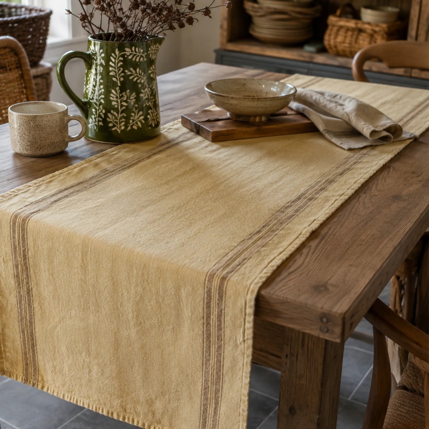 Gelber Tischläufer Eya aus Baumwolle mit braunen Streifen, 45 × 150 cm, von Miljögården