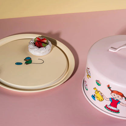 Muurla Pippi Langstrumpf Tortenplatte „Geburtstag“ mit Haube rosa Ø 28,5 cm